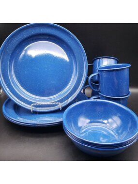 VTG Blue Speckled Enamelware Camp Mug Plate & Bowl Set 12pc Camping Graniteware